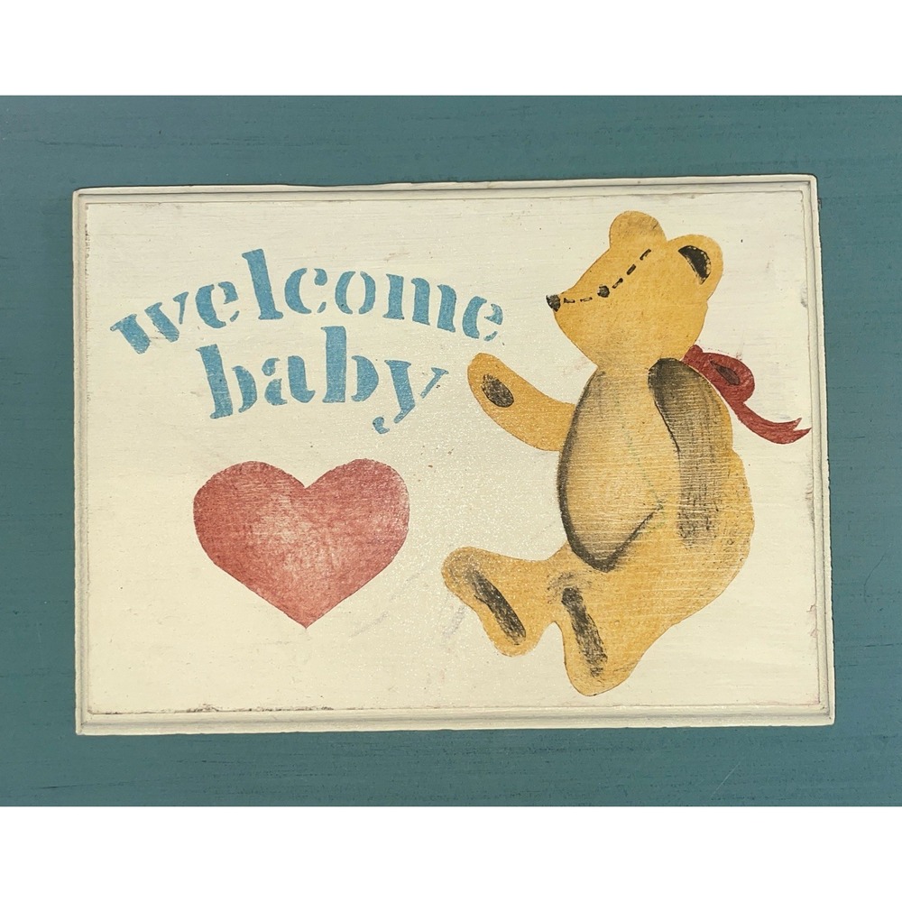 VTG Welcome Baby Wooden Teddy‎ Bear Wall Hanging Home Decor Hand Painted 1988